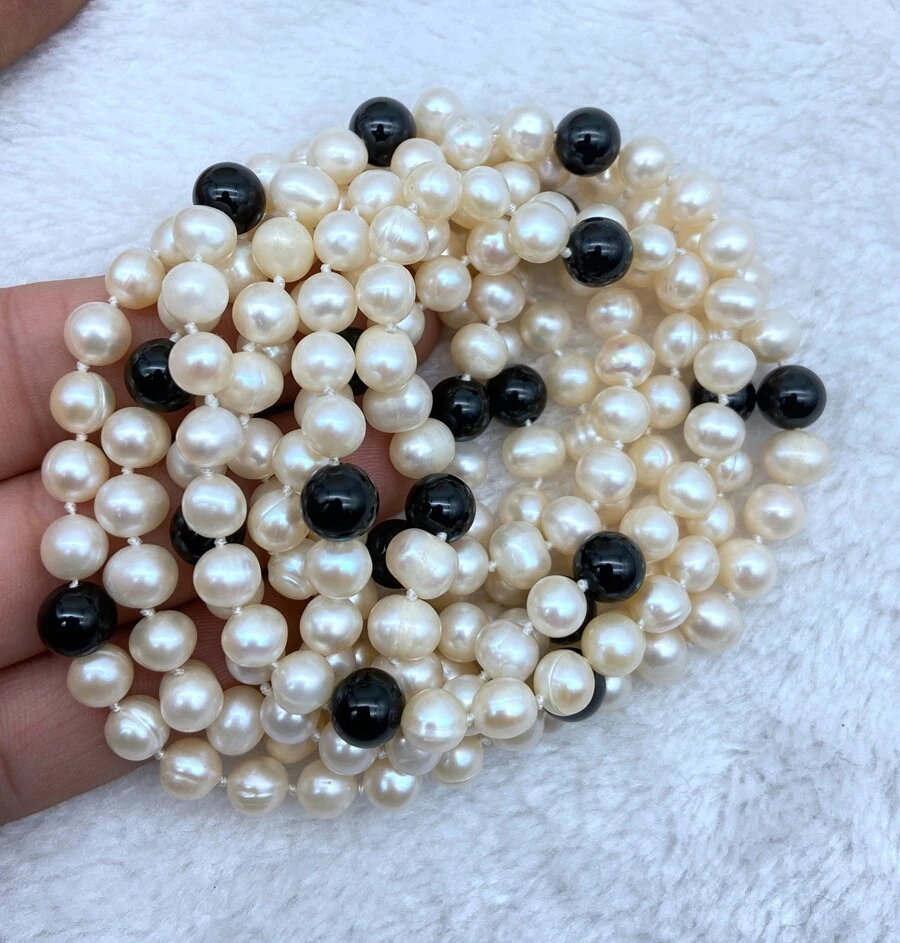 Collar de gemas de obsidiana negra redonda de 8 mm de perlas blancas reales de agua dulce de 7-8 mm 36-100" Foto 4 de 4