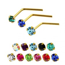 Nose Stud 14K Carat Genuine Gold L Shape Pin With Gem Piercing Pin 22g