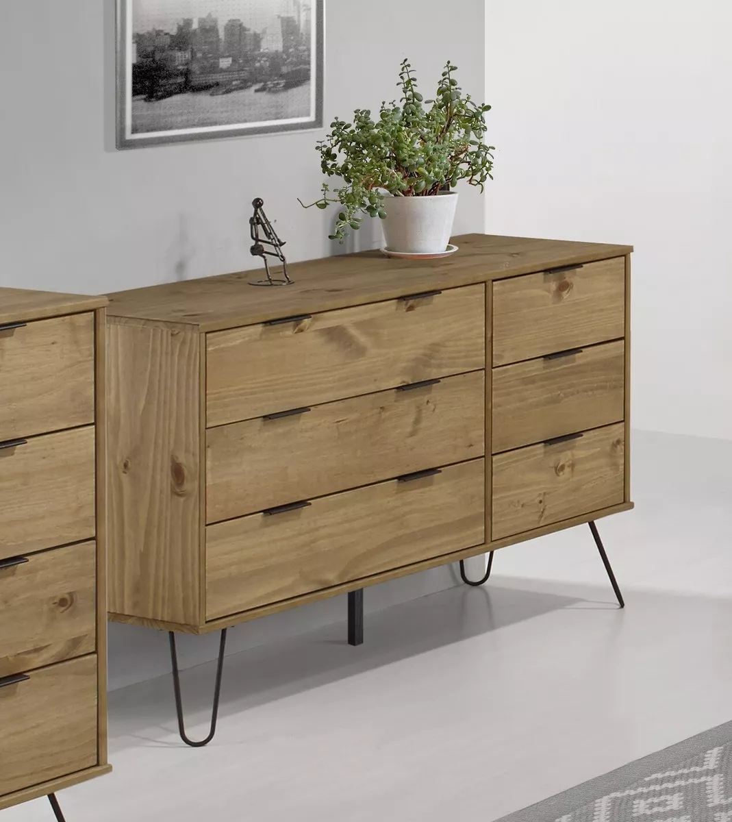 Waxed Pine Wide Chest of 6 Drawers Dresser Bedroom Storage Cabinet