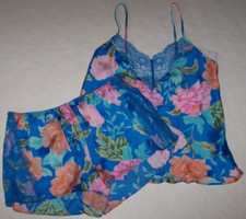 NWT In Bloom by Jonquil BRILLIANT BLUE FLORAL SATIN Pajama Shorts Set S LACE