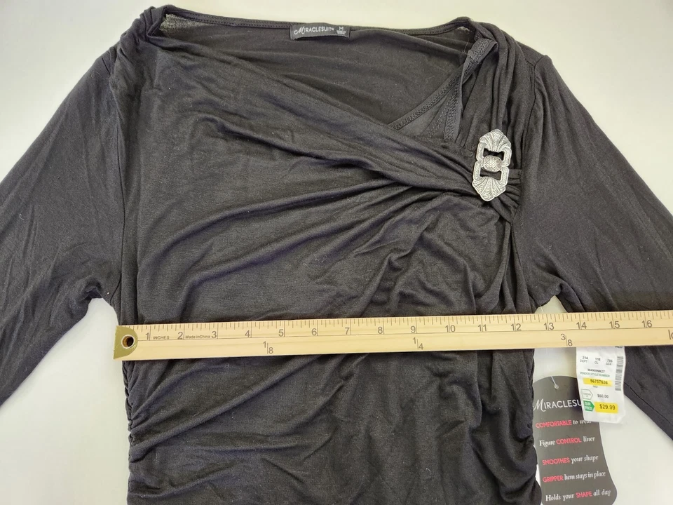 Camiseta Miraclesuit Mujer M Negra Imitación Envolvente Detalle Hebilla Manga 3/4 Nueva con Etiquetas Foto 2 de 4