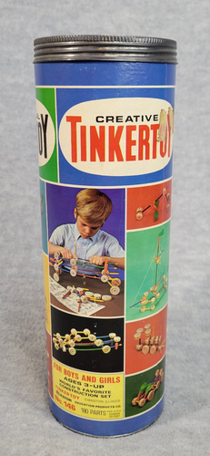 Vintage Tinker Toy Questor Super Transit #146 in Can with Lid 161 Pcs. - Picture 2 of 10
