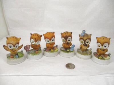 Vtg Napco 5 Different Little Owl and Friend On A Log Figurines Bluebirds Frog Sq