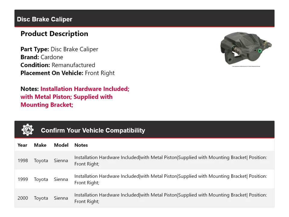 Pinza de freno de disco delantera derecha cardone 1999 para Toyota Sienna 1998-2000 Foto 2 de 4