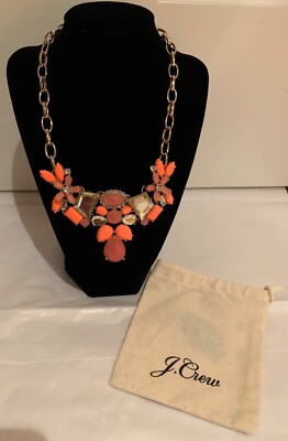 J Crew Crystal Cluster Statement Necklace 17''  Orange/Gold Tone with Storage Bag