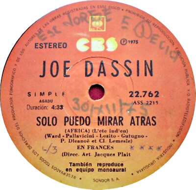 JOE DASSIN - AFRICA (L'ETE INDIEN) - IN FRENCH AND SPANISH - 7'' -  URUGUAY