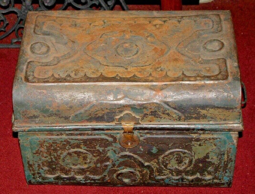 Antique Victorian Metal Tin Treasure Chest Storage Trunk Raised Designs 
