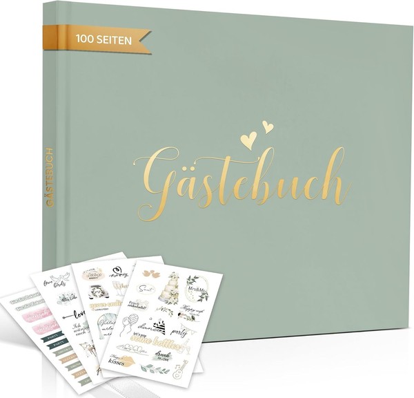 HochzeitsgäStebuch Hardcover GrüN GoldpräGung 100 Seiten Blanko Mit Stickern-image