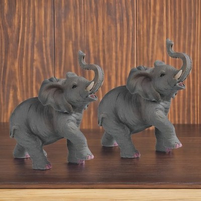 2-PC Gift Set 6''H Wildlife Baby Elephant with Trunk Up Figurine Ornament Decor
