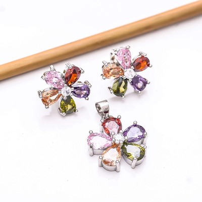 Multi & CZ 925 Silver Handmade Pendant Earring Set PS80510, Christmas Gift
