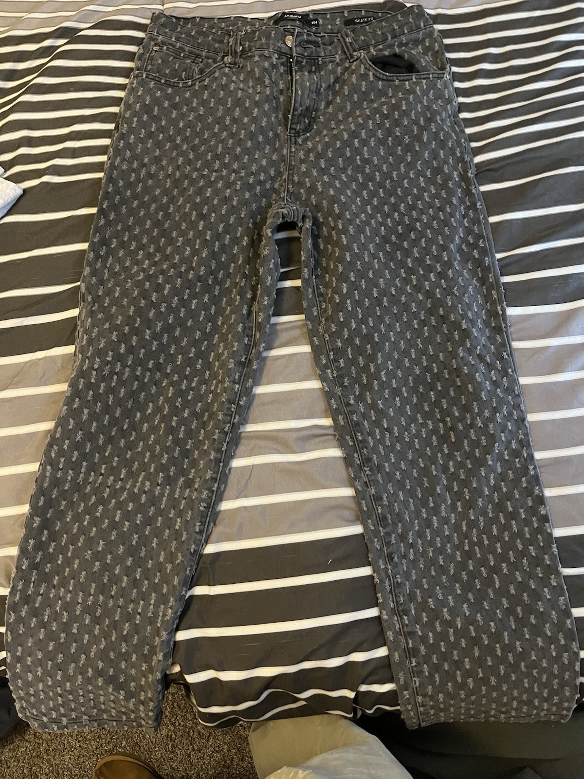 Jaded London Skate Fit Gray Denim Men's Jeans, Patterned, 5-Pocket, Button Zip