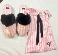 NWT Victoria's Secret Signature Satin Slippers Pink Stripe Faux Fur Set Bag Sz L