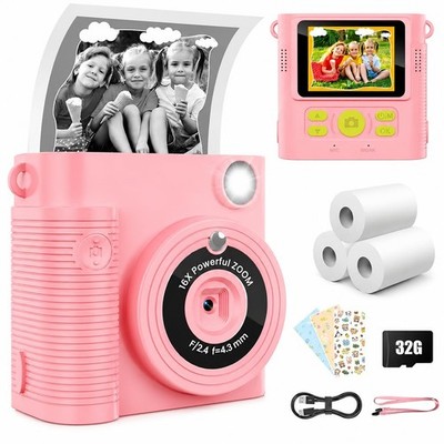 Kids Instant Print Camera 1080P 2.4 Inch Screen 32GB Card Selfie Toy Pink