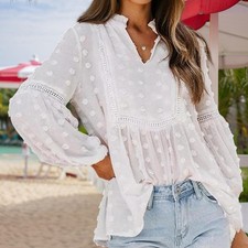 Women's V-Neck Long Sleeve Blouse - Lace Cutout  Jacquard Detail Loose Top Spri