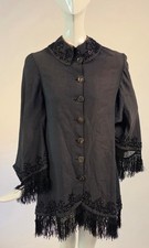 GOTHIC VICTORIAN 19TH C BLACK BUSTLE BACK CAPE W JET BEADING FRINGE EDGING