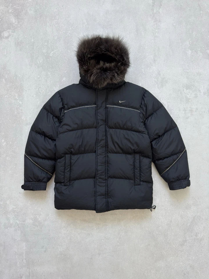Vintage Nike 00s Puffer Black Down Jacket Fur Hood Warm Swoosh Logo Size S - Image 2 of 4