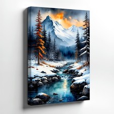 Wall Art Snowy Mountain River Landscape Winter Forest Sunset Canvas Print Decor