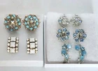 Vintage Blue White Rhinestone Clip On Earring Lot Milk Glass AB Crystal Wired