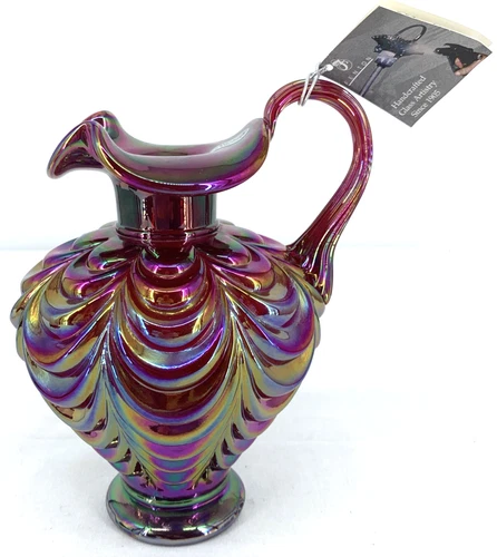 Fenton Iridescent Red Drapery Carnival Glass 7" Pitcher Vase Original Tags