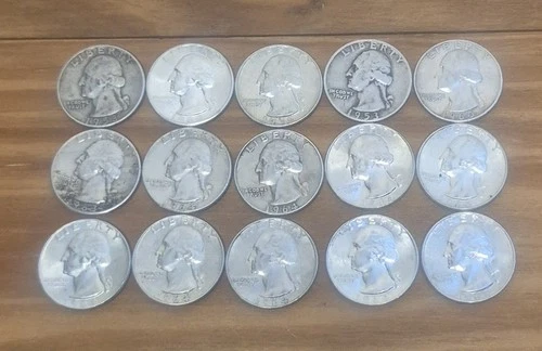90 % SILVER WASHINGTON QUARTERS LOT OF (15) VALUE 1950s 1960s