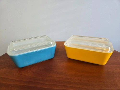 Vintage 2-PYREX Blue & Yellow Refrigerator Dish 502B + 502C Clear Glass Lid