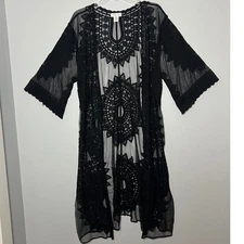 Rachel Zoe Black Lace Crochet Kimono Duster Cover Up One Size Boho Witchy Gypsy