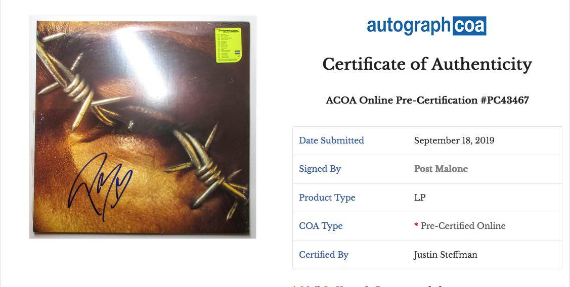 Post Malone Signed 'Rockstar' 12 Single UO Exclusive Vinyl Album ACOA  Beerbongs