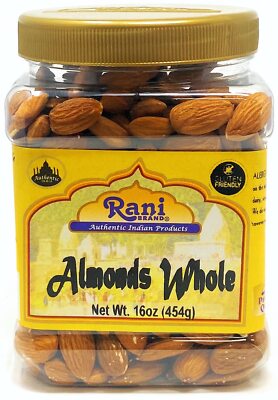 Rani Almonds, Raw Whole With Skin (uncooked, unsalted) 16oz (1lb) 454g PET Jar