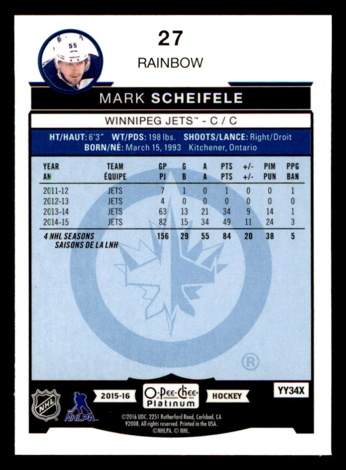 2015-16 O-Pee-Chee Platinum Rainbow #27 Mark Scheifele - Image 2 of 2