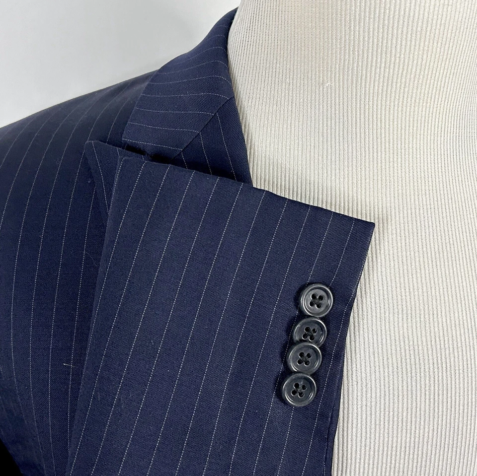 Michael Kors 44L Suit 36x30 Flat Front Navy Pinstriped Wool Two Button Vented - Image 3 of 4