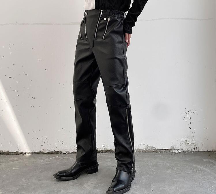 Men's Fashion Punk Gothic Zipper Black Faux Leather Trousers Youth