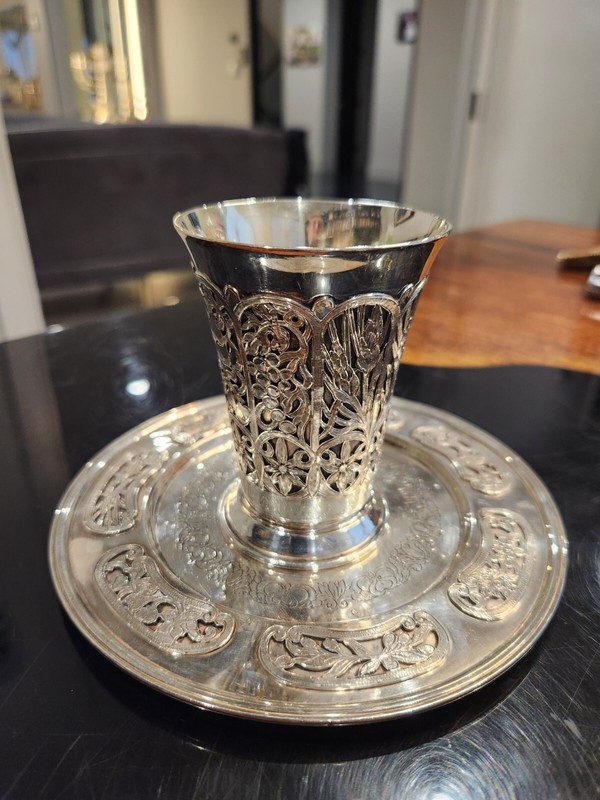 THE SEVEN SPECIES STERLING SILVER KIDDUSH CUP BY SHUKI FREIMAN WITH UNDERPLATE