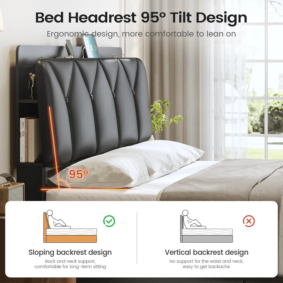 Полноразмерный каркас кровати с 4 ящиками для хранения и зарядной станцией, головной убор для хранения - Изображение 3 из 4