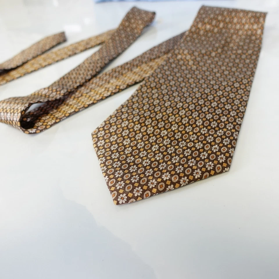 Boho Neck Tie Mens Brown Geometric Floral Micro Silk Woven Dress Whimsy SATCHI - Image 4 of 4