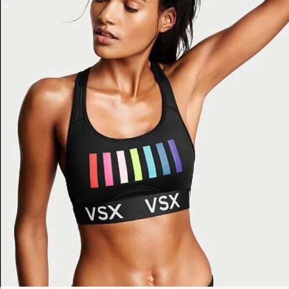 Victoria Secret VSX Sport Unlined Black/Rainbow Sports Bra Size Med  Athleisure