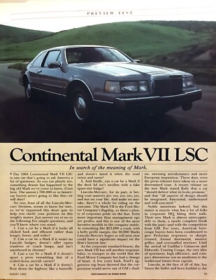 1983 Continental Mark VII LSC Coupe Road Test Technical Data Review Article