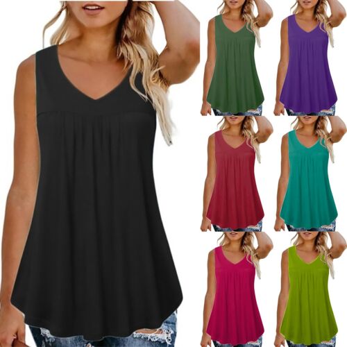 Workout Set Summer Women's Sleeveless V Neck Camisole Loose Flowy Cute Pleated - Picture 1 of 44