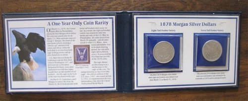 1878 Morgan Silver Dollars Album of 8TF & 7TF + 1942 WWII  "Win The War" Stamp