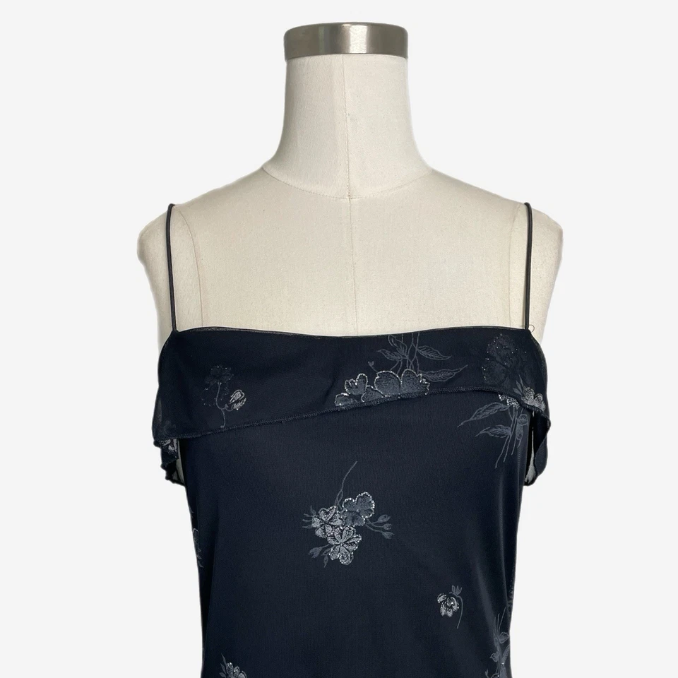 Vintage Y2K Byer también! Vestido negro brillo floral asimétrico capricho hada M Foto 3 de 4