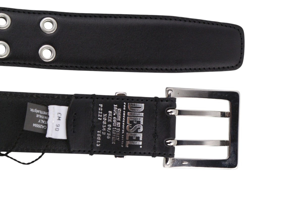 DIESEL B-Rock Men Belt 90 cm Black Leather Eyelet Detail Metal