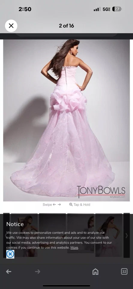 Vestido Tony Bowls Le Gala 6 Rosa Con Cuentas Estrás Sin Tirantes Alto Bajo Baile de graduación Nuevo con Etiquetas Foto 2 de 4