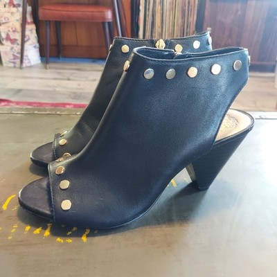 Vince Camuto Edia Black Leather Studded Peep Toe Booties Gold Studs Heels 8M 38