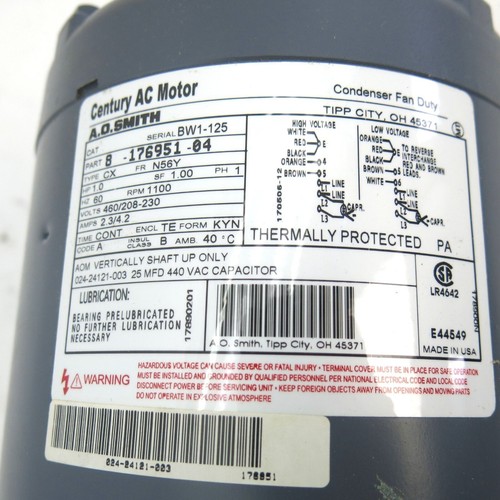 A.O. SMITH CENTURY AC CONDENSER FAN MOTOR 1 HP 1 PH 60HZ 1100 RPM - Afbeelding 2 van 5