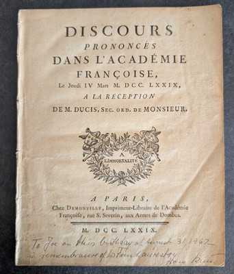 Jean Francois Ducis 1779 Speech Replaces and Honors Voltaire at French Academy