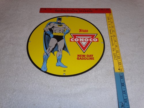 VINTAGE 1968 BATMAN CONOCO BENZIN 11 3/4" PORZELLAN METALL ÖL ABENTEUER SCHILD! - Bild 17 von 22