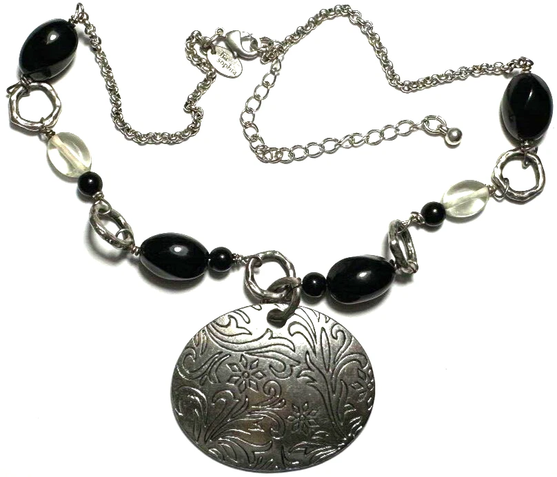 Vintage Jewelry Necklace SIGNED LIA SOPHIA Silver Tone Chain Large Carved Bead29