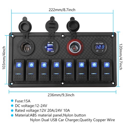 8 Gang Toggle Switch Panel Voltmeter Dual USB 12V 24V Cigarette Lighter On-Off - Picture 3 of 12