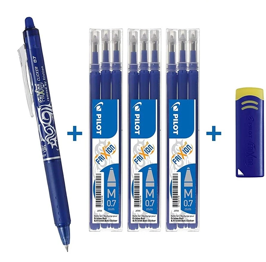 Pack 1 stylo CLIKER + 3 sets 3 recharges + 1 gomme PILOT FRIXION 07 BLEU