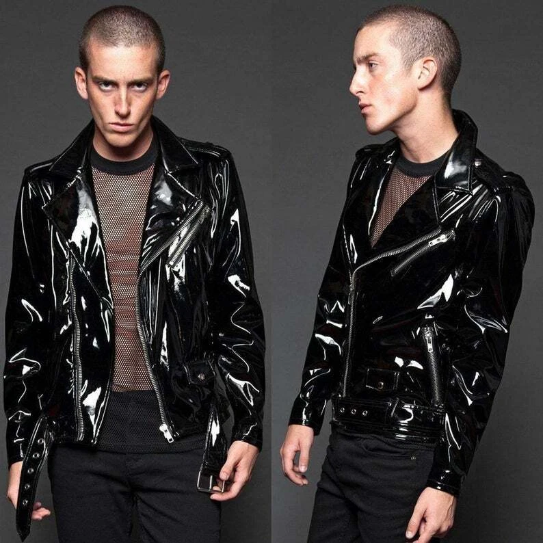 Gothic handmade Gothic Moto black PVC vinyl jacket stylish men motorcycle jacket