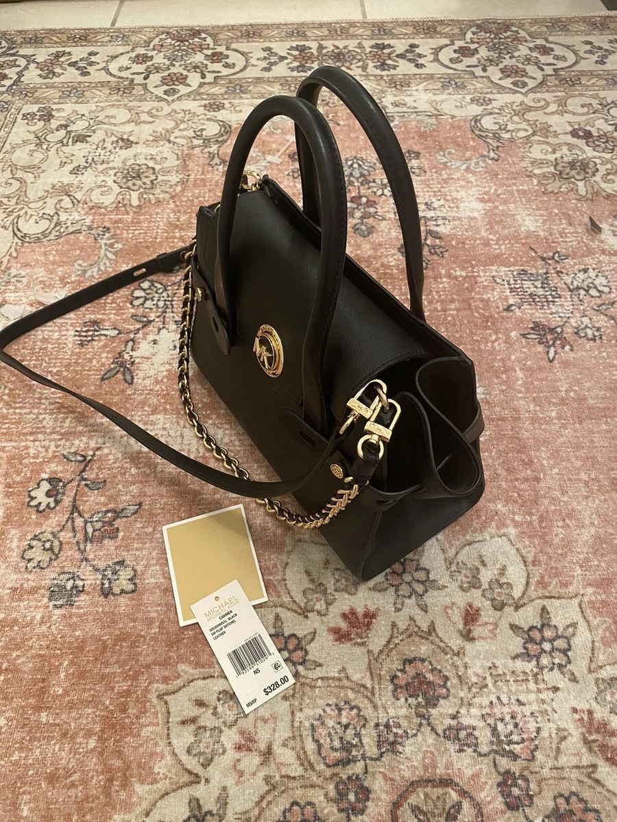 Michael Kors, Bags, Mk Carmen Small Saffiano Leather Belted Satchel Black  Michael Kors